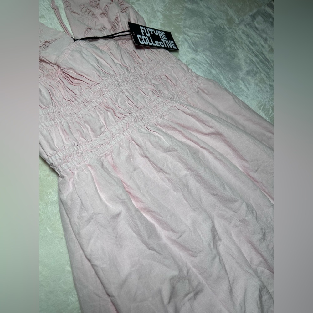 NWT Future Collective Light Pink Scalloped Eyelet Maxi A-Line Dress, Smocked - Picture 9 of 15